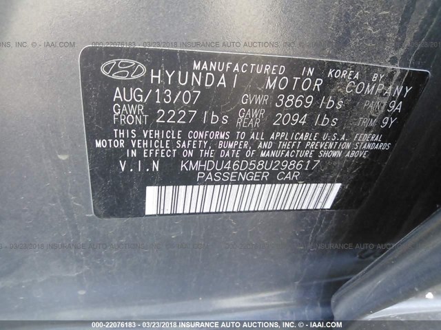 KMHDU46D58U298617 - 2008 HYUNDAI ELANTRA GLS/SE/LIMITED GRAY photo 9