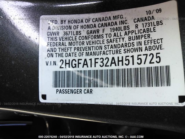 2HGFA1F32AH515725 - 2010 HONDA CIVIC VP GRAY photo 9