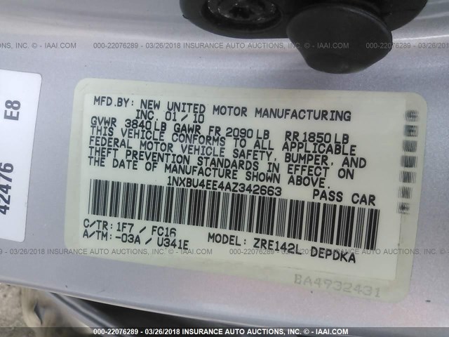 1NXBU4EE4AZ342663 - 2010 TOYOTA COROLLA S/LE/XLE SILVER photo 9