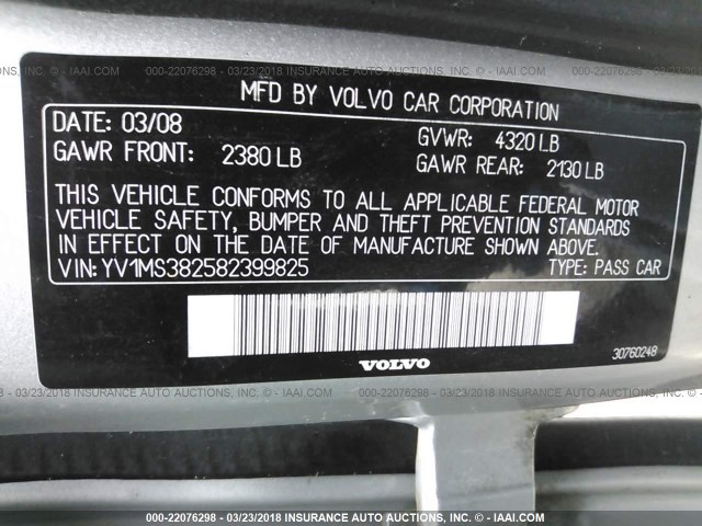 YV1MS382582399825 - 2008 VOLVO S40 2.4I SILVER photo 9