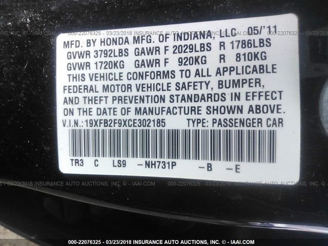 19XFB2F9XCE302185 - 2012 HONDA CIVIC EXL BLACK photo 9