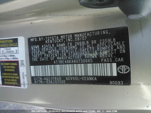 4T1BE46K48U730665 - 2008 TOYOTA CAMRY CE/LE/XLE/SE GOLD photo 9