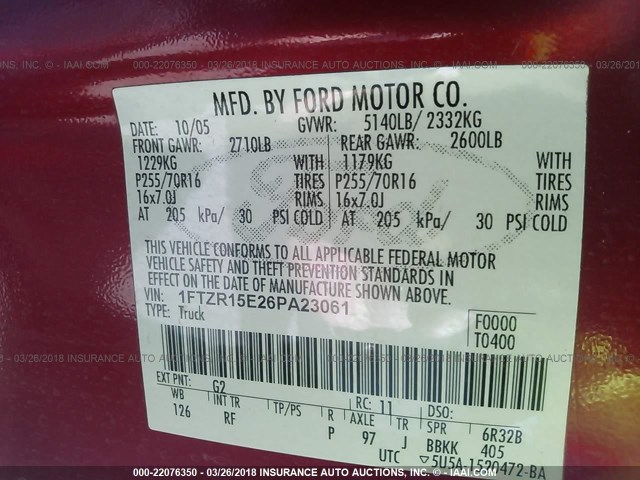 1FTZR15E26PA23061 - 2006 FORD RANGER SUPER CAB RED photo 9