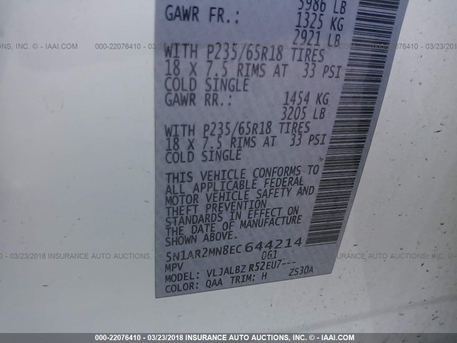 5N1AR2MN8EC644214 - 2014 NISSAN PATHFINDER S/SV/SL/PLATINUM 白色 照片 9