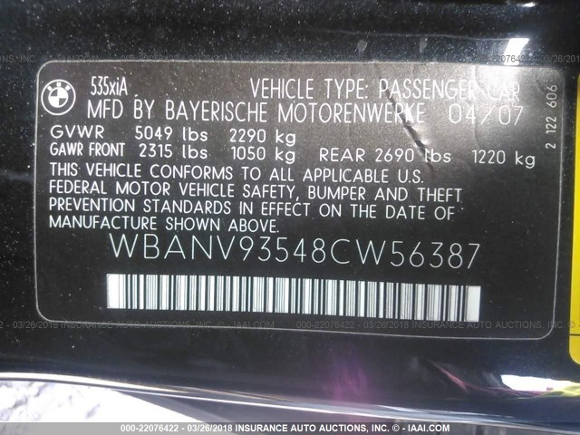 WBANV93548CW56387 - 2008 BMW 535 XI Czarny zdjęcie 9