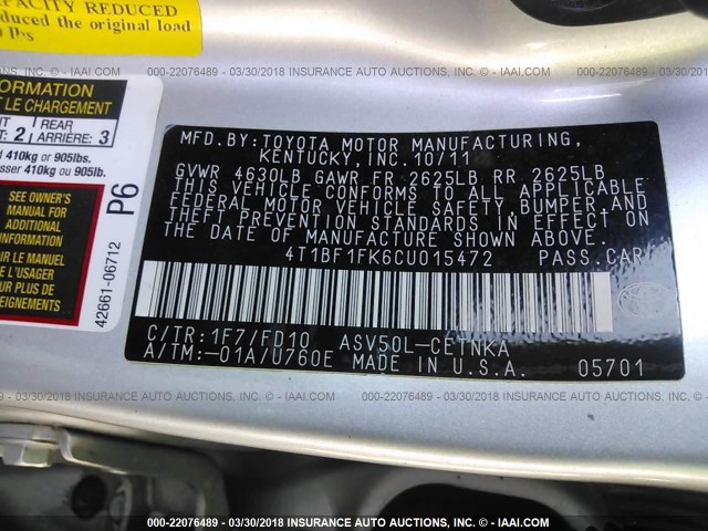 4T1BF1FK6CU015472 - 2012 TOYOTA CAMRY SE/LE/XLE SILVER photo 9