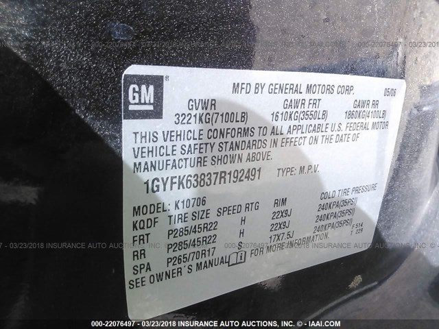 1GYFK63837R192491 - 2007 CADILLAC ESCALADE LUXURY შავი ფოტო 9