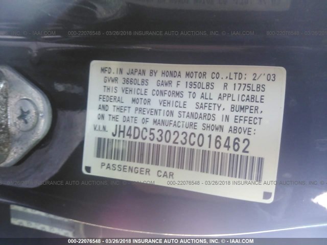 JH4DC53023C016462 - 2003 ACURA RSX TYPE-S BLACK photo 9