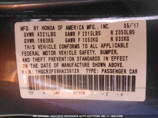 1HGCR2F59HA238129 - 2017 HONDA ACCORD SPORT 灰色 照片 9