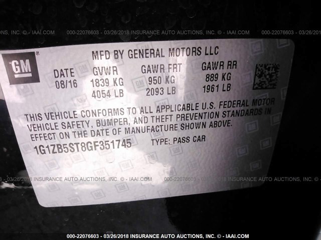 1G1ZB5ST8GF351745 - 2016 CHEVROLET MALIBU LS 黑色 照片 9