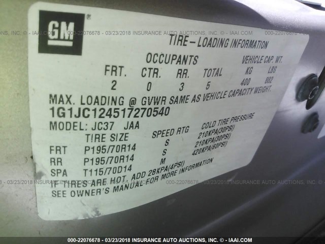 1G1JC124517270540 - 2001 CHEVROLET CAVALIER Qəhvəyi foto 9