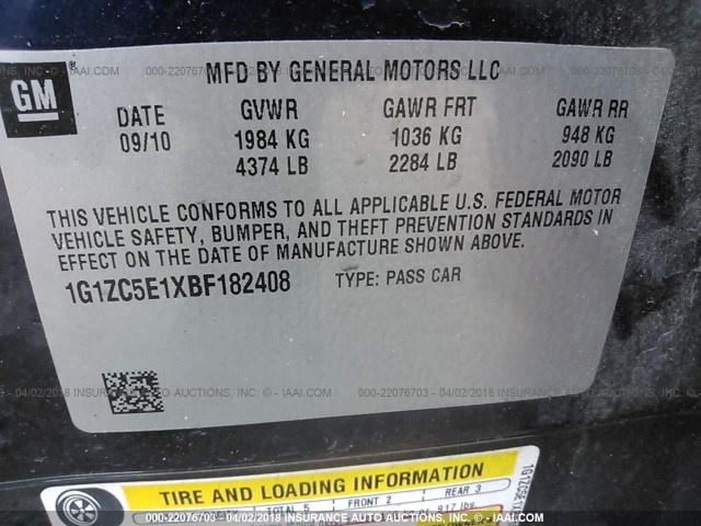 1G1ZC5E1XBF182408 - 2011 CHEVROLET MALIBU 1LT 蓝色 照片 9