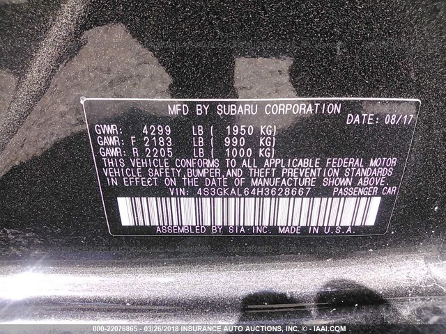 4S3GKAL64H3628667 - 2017 SUBARU IMPREZA SPORT BLACK photo 9