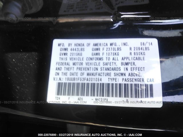 19UUB1F53FA001054 - 2015 ACURA TLX TECH BLACK photo 9