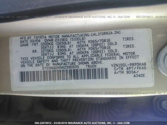 5TEGN92N94Z390535 - 2004 TOYOTA TACOMA DOUBLE CAB PRERUNNER GOLD photo 9