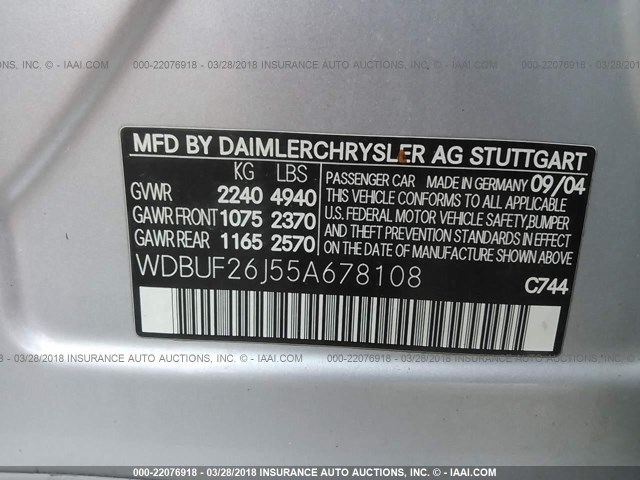 WDBUF26J55A678108 - 2005 MERCEDES-BENZ E 320 CDI SILVER photo 9