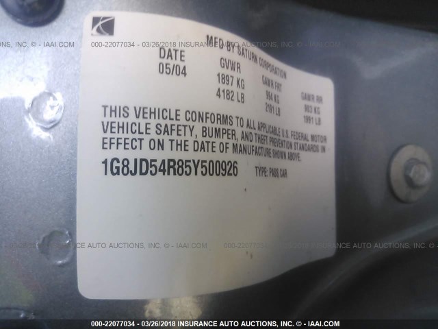 1G8JD54R85Y500926 - 2005 SATURN L300 LEVEL 2 SILVER photo 9