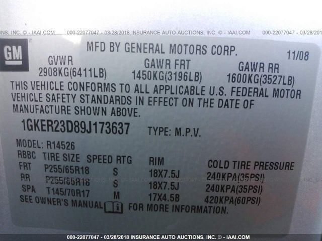 1GKER23D89J173637 - 2009 GMC ACADIA SLT-1 SILVER photo 9