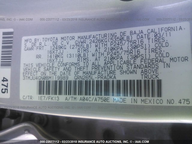 3TMJU4GN0BM119989 - 2011 TOYOTA TACOMA DOUBLE CAB PRERUNNER SILVER photo 9