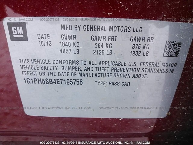 1G1PH5SB4E7195756 - 2014 CHEVROLET CRUZE ECO RED photo 9