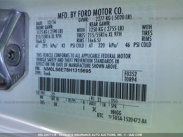 NM0LS6E78H1315695 - 2017 FORD TRANSIT CONNECT XL WHITE photo 9