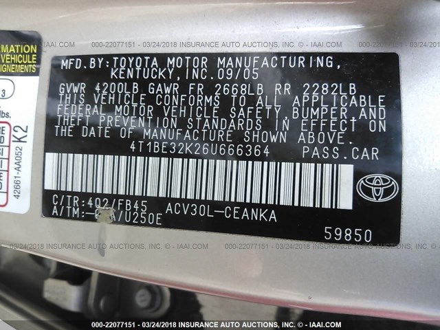 4T1BE32K26U666364 - 2006 TOYOTA CAMRY LE/XLE/SE 金色 照片 9