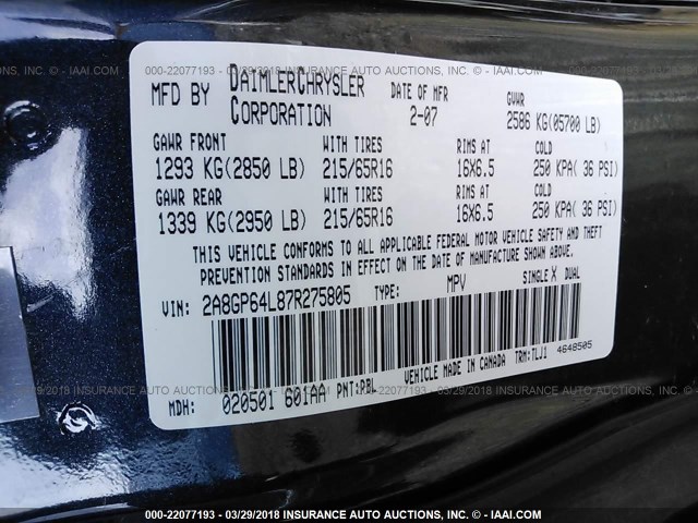 2A8GP64L87R275805 - 2007 CHRYSLER TOWN & COUNTRY LIMITED BLUE photo 9