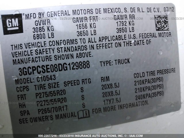 3GCPCSE08DG129888 - 2013 CHEVROLET SILVERADO C1500 LT WHITE photo 9