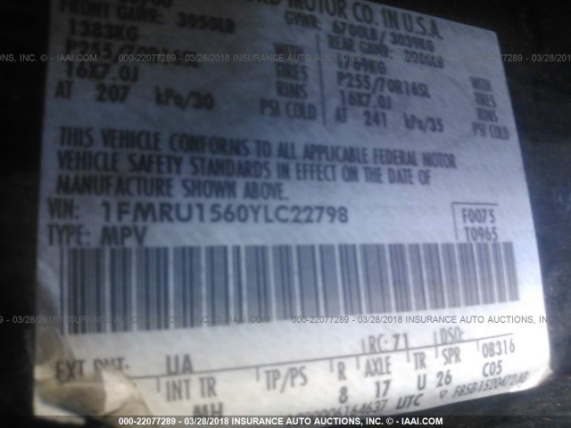 1FMRU1560YLC22798 - 2000 FORD EXPEDITION XLT შავი ფოტო 9