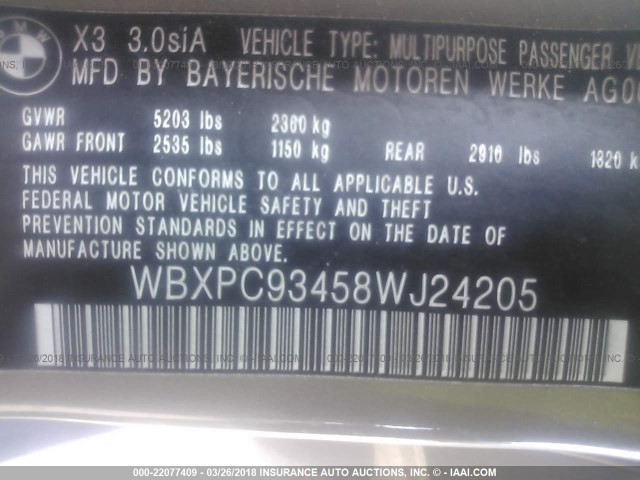 WBXPC93458WJ24205 - 2008 BMW X3 3.0SI GOLD photo 9