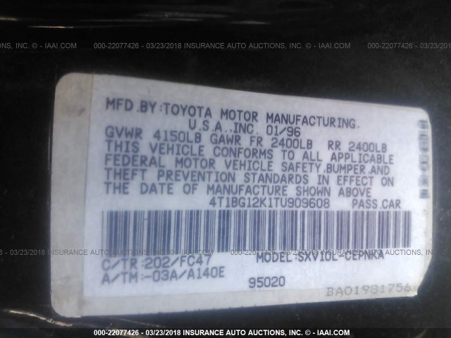 4T1BG12K1TU909608 - 1996 TOYOTA CAMRY DX/LE/XLE შავი ფოტო 9