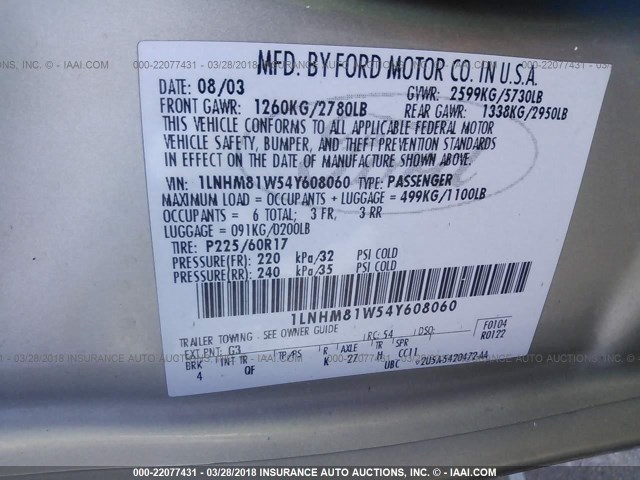 1LNHM81W54Y608060 - 2004 LINCOLN TOWN CAR EXECUTIVE/SIGNATURE ოქროსფერი ფოტო 9