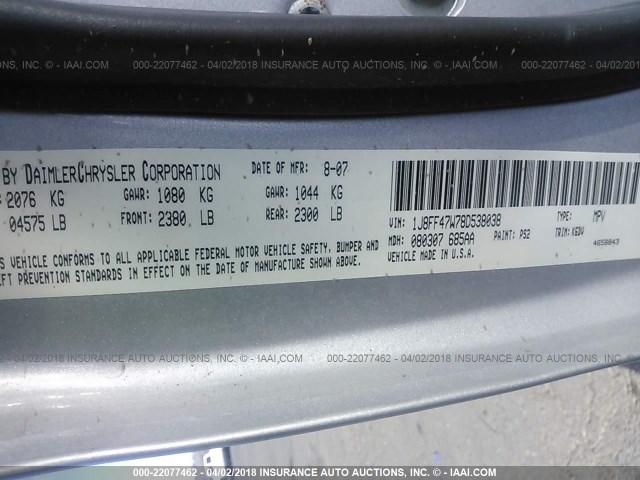 1J8FF47W78D538038 - 2008 JEEP COMPASS SPORT SILVER photo 9