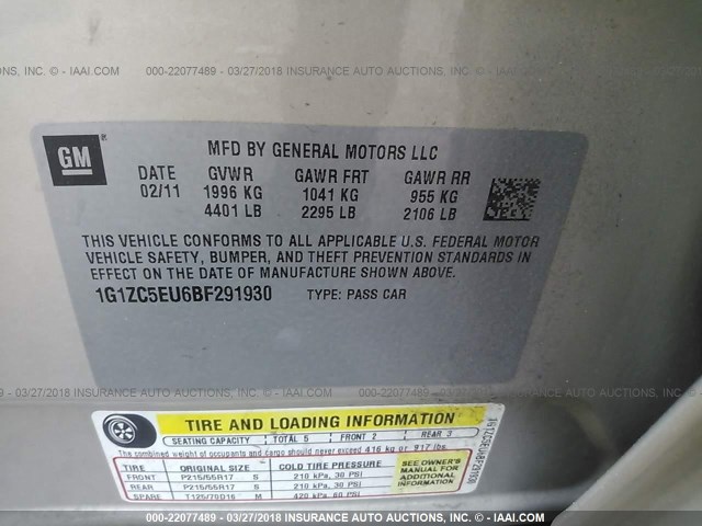 1G1ZC5EU6BF291930 - 2011 CHEVROLET MALIBU 1LT GOLD photo 9