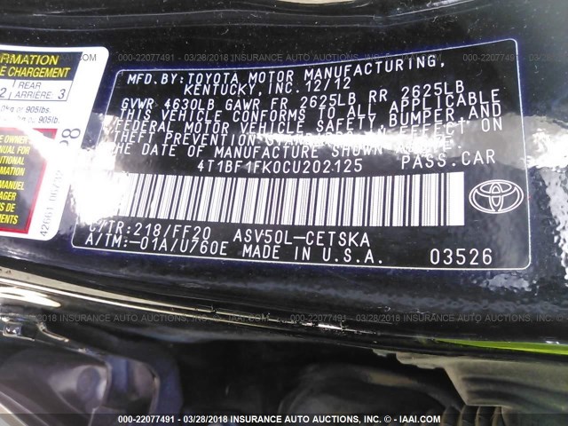 4T1BF1FK0CU202125 - 2012 TOYOTA CAMRY SE/LE/XLE Черный фото 9