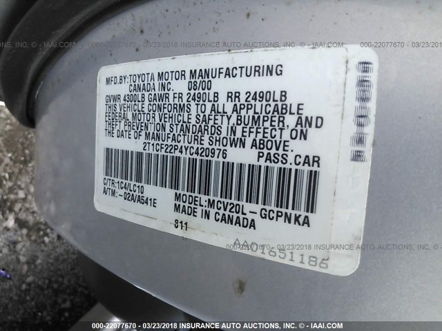 2T1CF22P4YC420976 - 2000 TOYOTA CAMRY SOLARA SE/SLE ვერცხლისფერი ფოტო 9