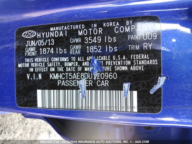 KMHCT5AE8DU120960 - 2013 HYUNDAI ACCENT GLS/GS BLUE photo 9