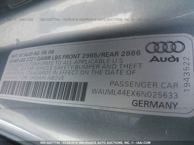 WAUML44EX6N025633 - 2006 AUDI A8 L QUATTRO GRAY photo 9