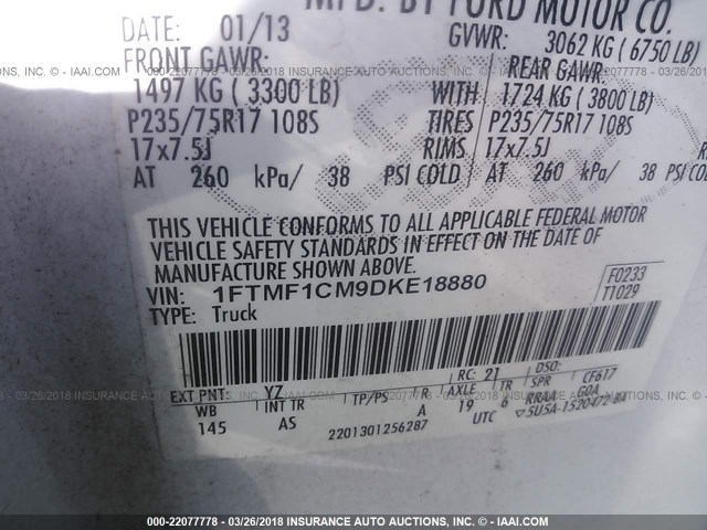 1FTMF1CM9DKE18880 - 2013 FORD F150 WHITE photo 9