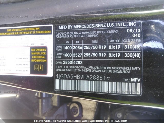 4JGDA5HB9EA288616 - 2014 MERCEDES-BENZ ML 350 4MATIC BLACK photo 9