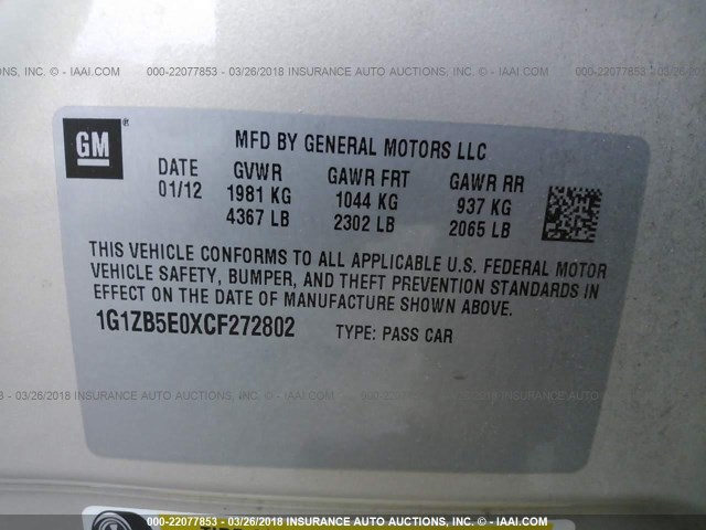 1G1ZB5E0XCF272802 - 2012 CHEVROLET MALIBU LS 香槟色 照片 9