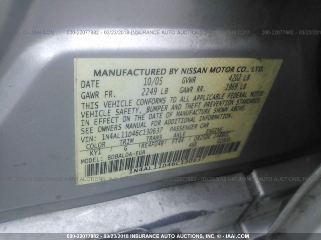 1N4AL11D46C130637 - 2006 NISSAN ALTIMA S/SL SILVER photo 9