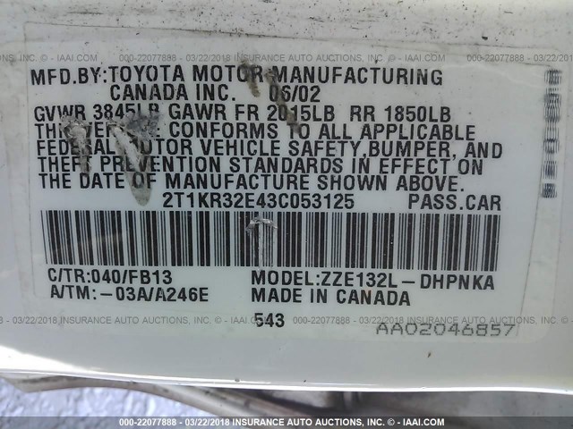 2T1KR32E43C053125 - 2003 TOYOTA COROLLA MATRIX XR WHITE photo 9
