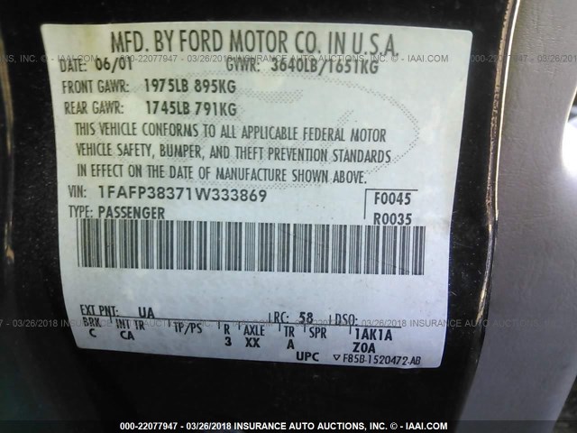 1FAFP38371W333869 - 2001 FORD FOCUS ZTS BLACK photo 9