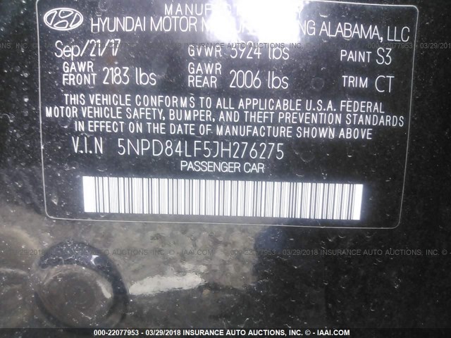 5NPD84LF5JH276275 - 2018 HYUNDAI ELANTRA SEL/VALUE/LIMITED BLACK photo 9