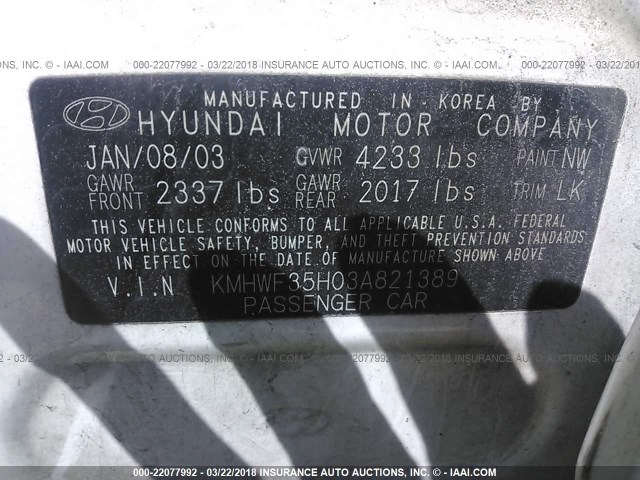 KMHWF35H03A821389 - 2003 HYUNDAI SONATA GLS/LX WHITE photo 9