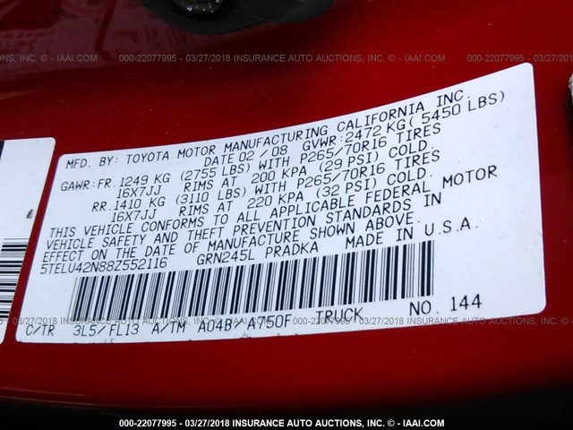 5TELU42N88Z552116 - 2008 TOYOTA TACOMA DOUBLE CAB წითელი ფოტო 9