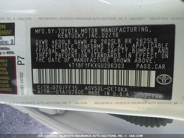 4T1BF1FKXGU206303 - 2016 TOYOTA CAMRY LE/XLE/SE/XSE WHITE photo 9