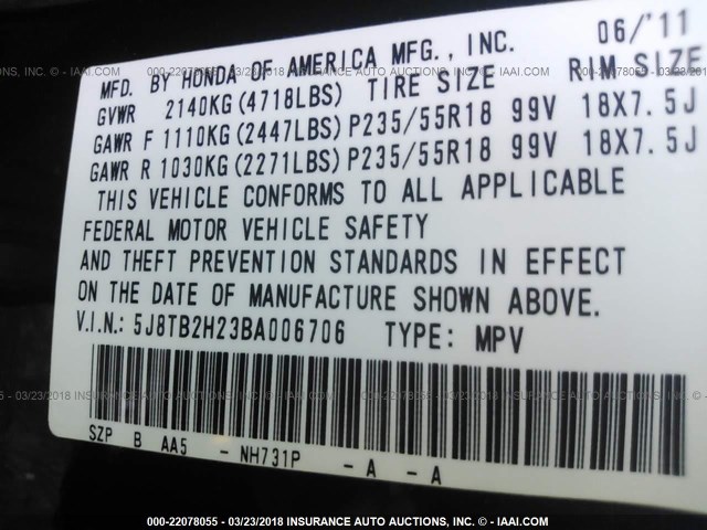 5J8TB2H23BA006706 - 2011 ACURA RDX BLACK photo 9