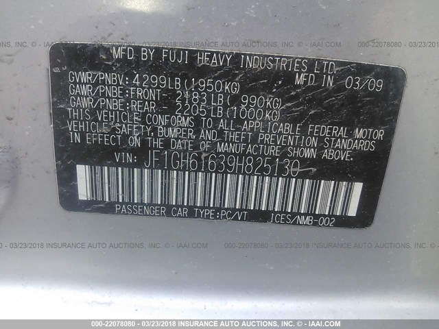 JF1GH61639H825130 - 2009 SUBARU IMPREZA 2.5I SILVER photo 9